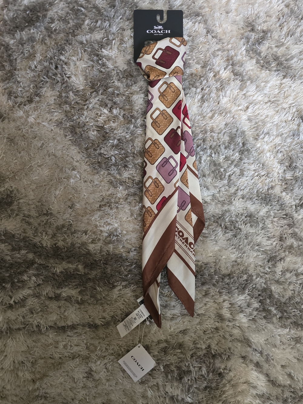 COACH Cream Scarf with Brown Trim and Pink & Tan Bag Motif